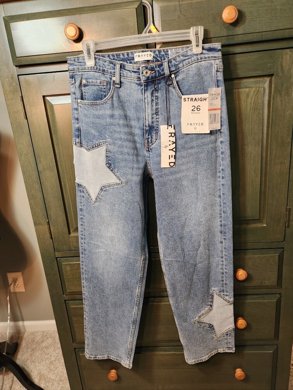 FRAYED Straight Leg Star Patch Jeans - Light Blue